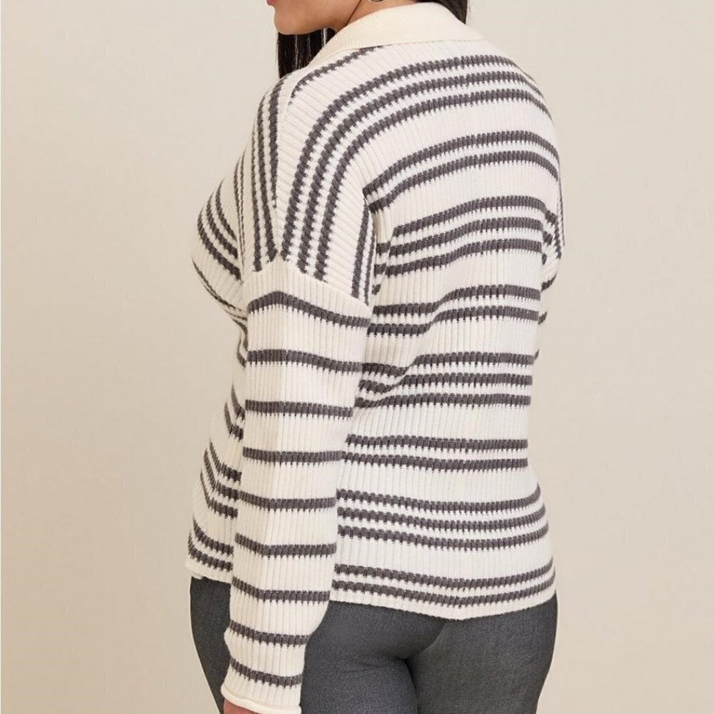 Torrid - Pullover Collared Button Front Sweater in Grey Stripe​​​​​​​​ - Picture 10 of 13